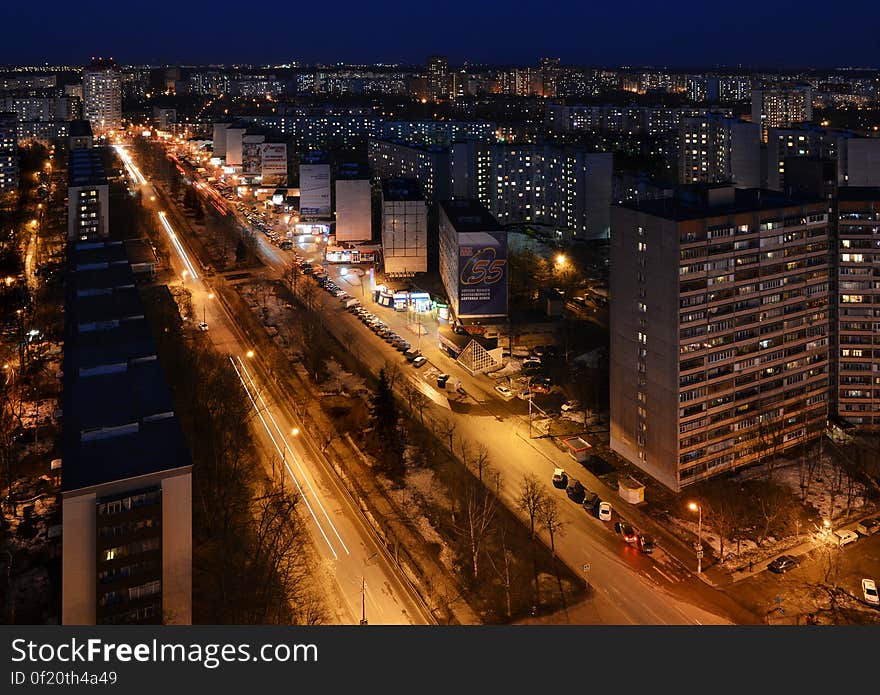 Koroljov&#x27;s boulevard in springtime. The view from the &#x22;Status&#x22; tower. Koroljov&#x27;s boulevard in springtime. The view from the &#x22;Status&#x22; tower.