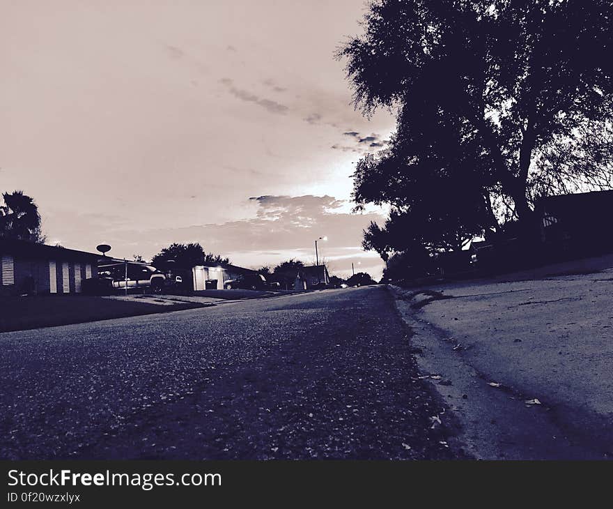 A street in suburbia and a row of houses aside.