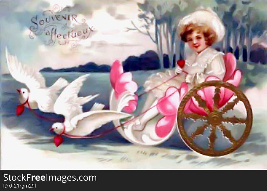 Vintage Valentine Doves Pulling Little Girl