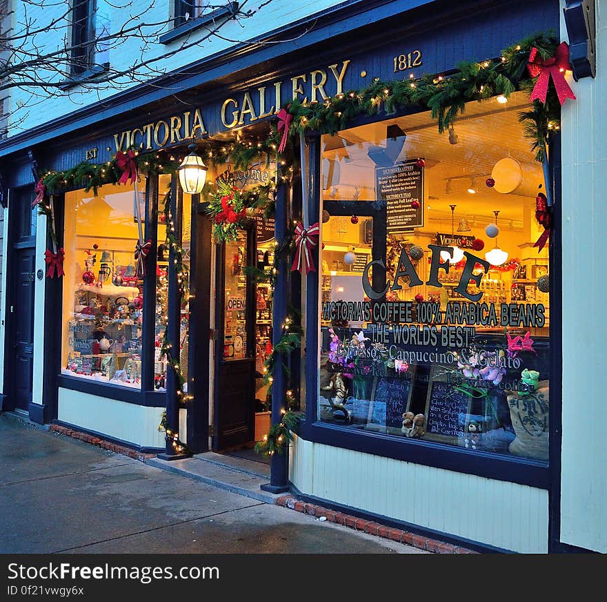 Decorated cafe bar entrance and window at Christmas time.