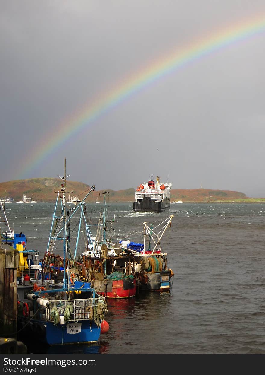 MV Clansman heads out to sea under a rainbow. MV Clansman heads out to sea under a rainbow.