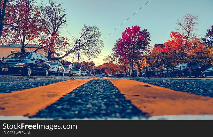 A suburban street with cars parked aside, trees with red autumn leaves in the background. A suburban street with cars parked aside, trees with red autumn leaves in the background.