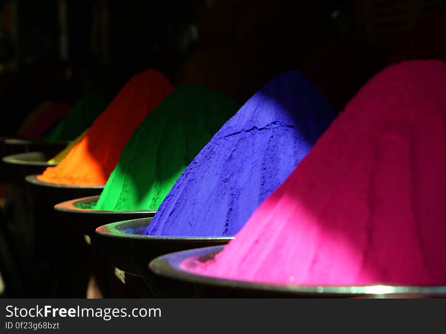 Bowls with colorful powder for the Indian and Nepalese Holi festival. Bowls with colorful powder for the Indian and Nepalese Holi festival.