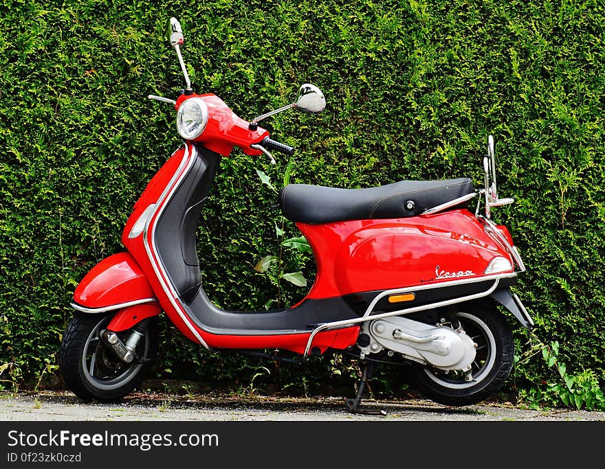 Red and Black Moped Scooter Beside Green Grass