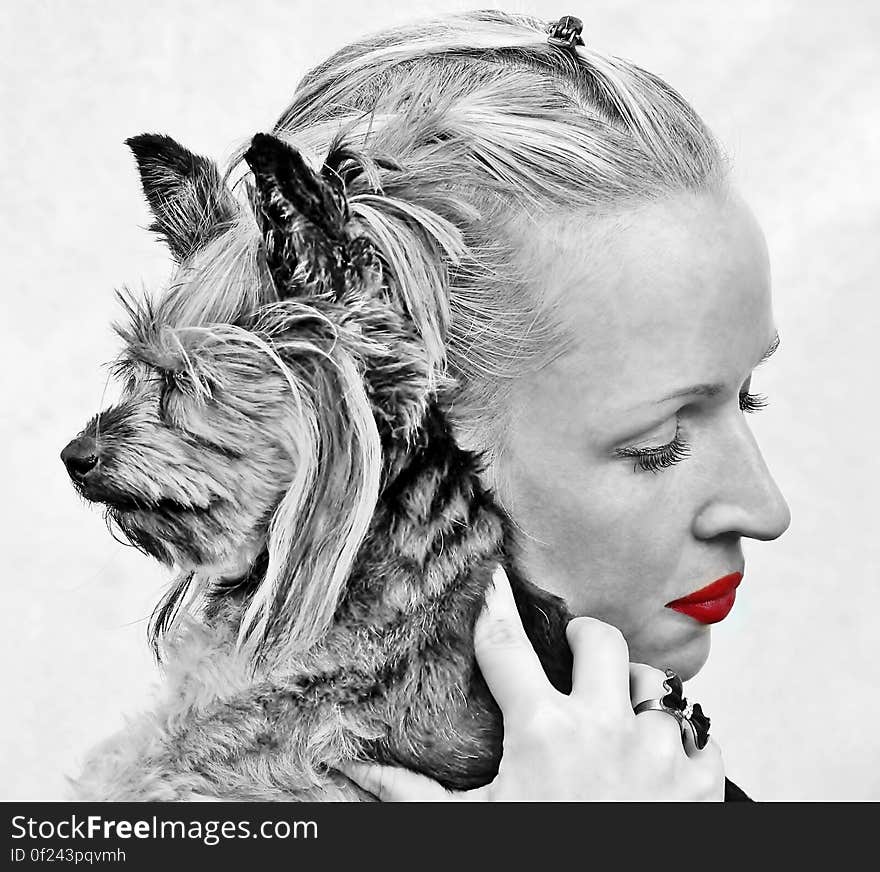 Selective Color Photography of Woman Holding Yorkshire Terrier