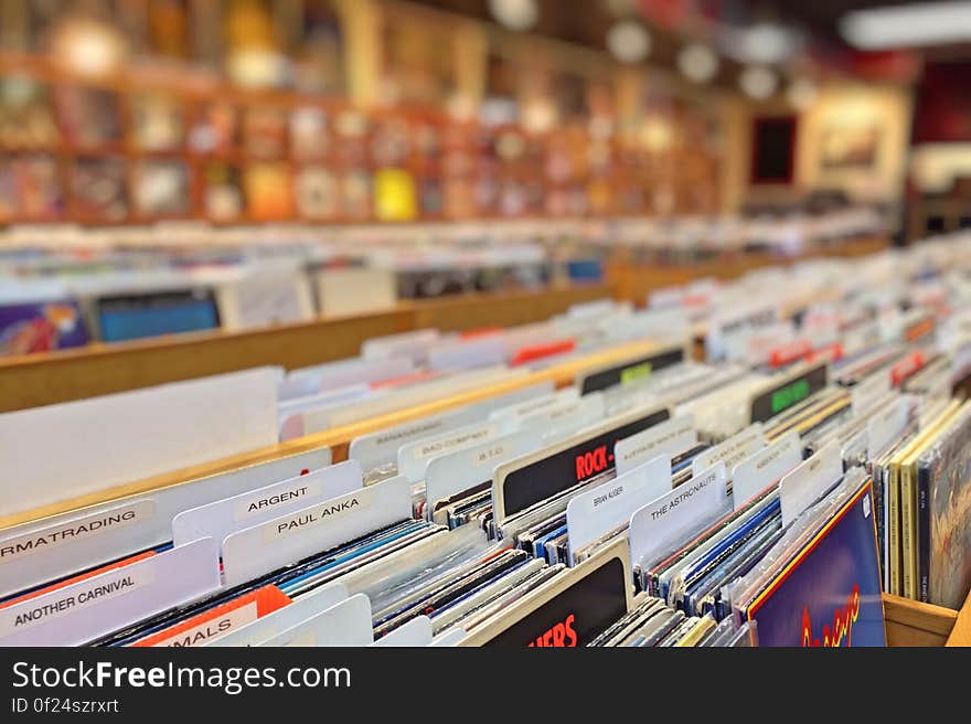 Records on display in a record shop.