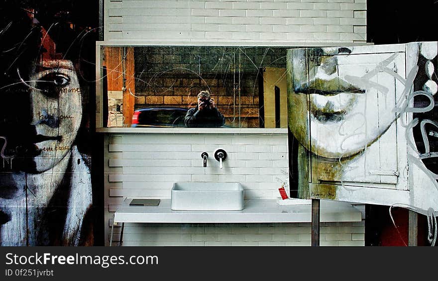 White Ceramic Rectangular Sink Under White Wooden Frame Rectangular Mirror