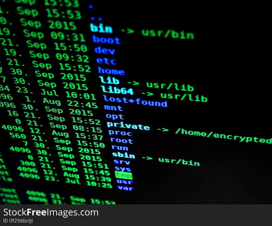 A view of a computer screen with Unix or Linux file system listing. A view of a computer screen with Unix or Linux file system listing.