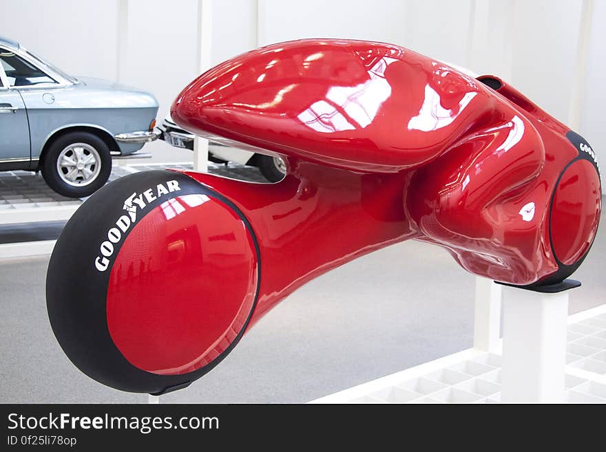 Luigi Colani's "Frog", aerodynamical conceptual motorcycle design in the International Design Museum in Munich. Luigi Colani's "Frog", aerodynamical conceptual motorcycle design in the International Design Museum in Munich.