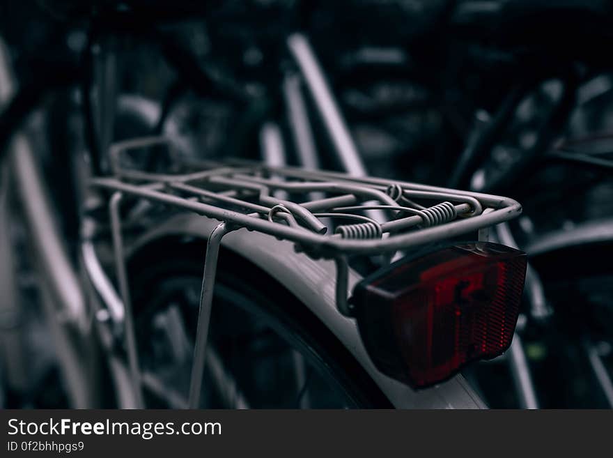 A close up of a rear rack on a bicycle. A close up of a rear rack on a bicycle.