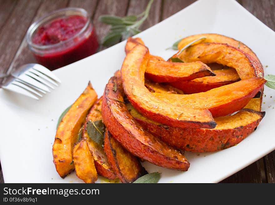 Oven baked vegetables on plate.