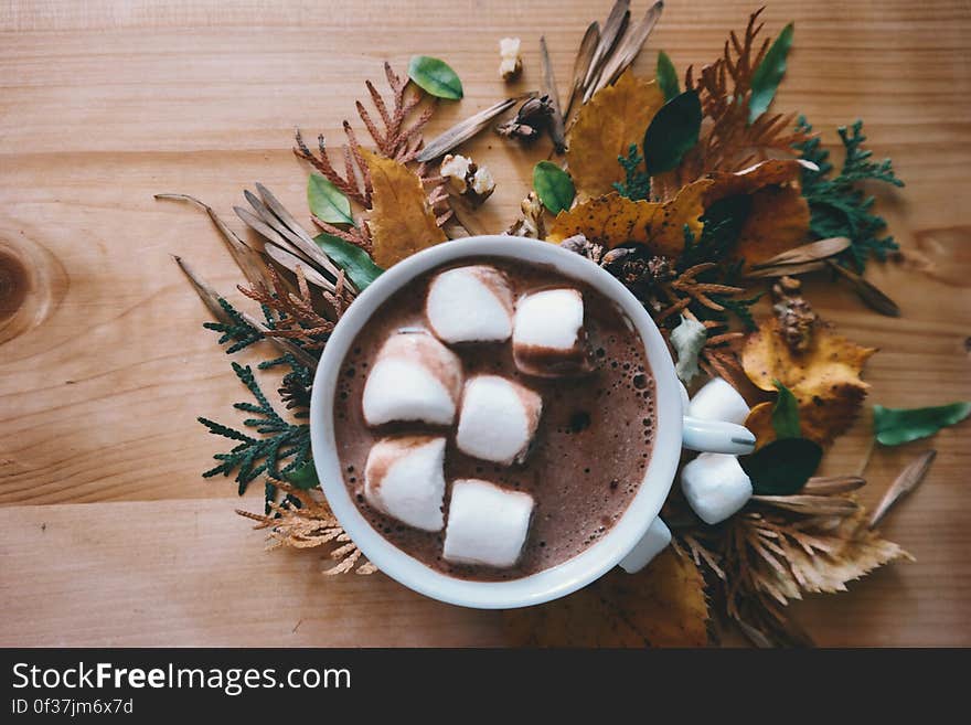 A cup of coffee with marshmallows inside and autumn leaves around as decoration. A cup of coffee with marshmallows inside and autumn leaves around as decoration.