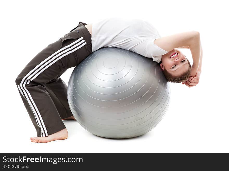 Woman in White Cap Shirt on Stability Ball