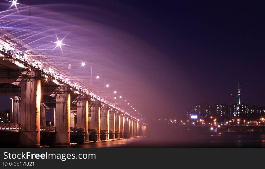 Gray Bridge With Street Light during Nighttime