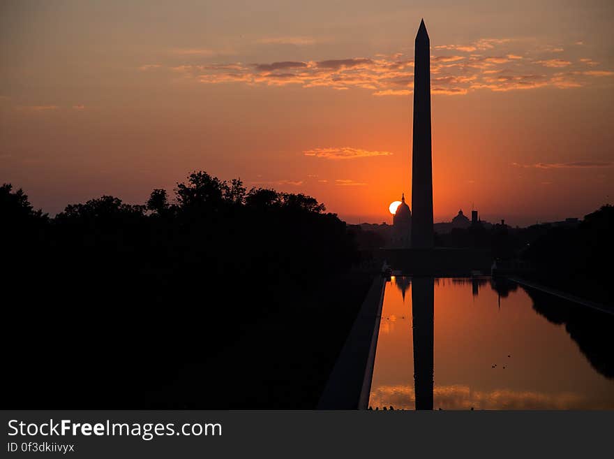 Washington Monument and the National Mall in the sunset.