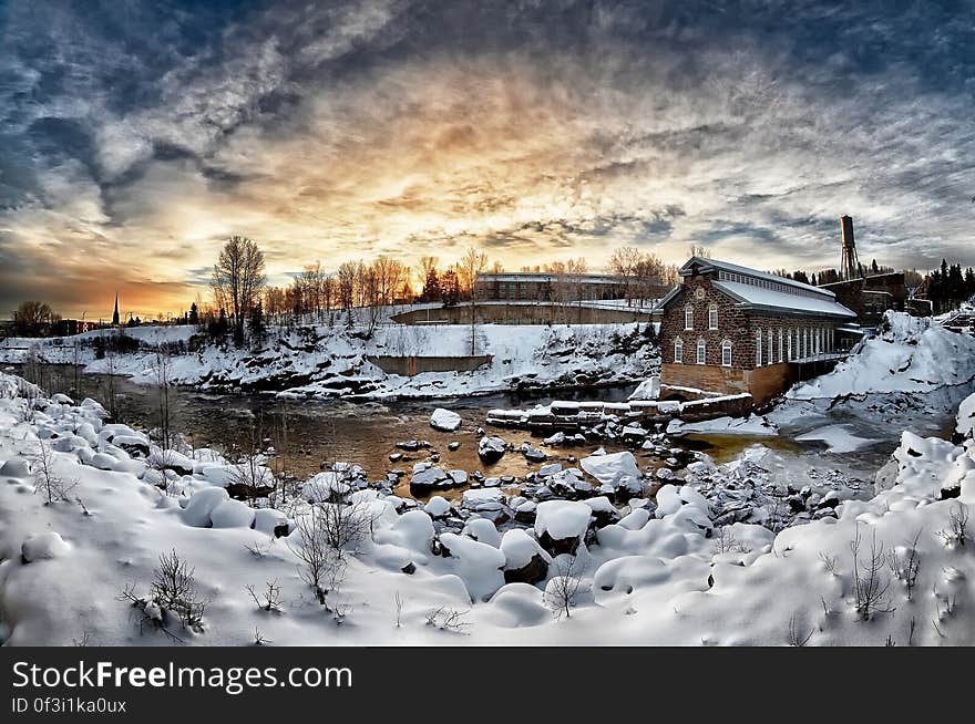 The old Chicoutimi Pulp Mill (Pulperie de Chicoutimi) in the snow in Chicoutimi borough (arrondissement) of the city of Saguenay in Quebec, Canada.