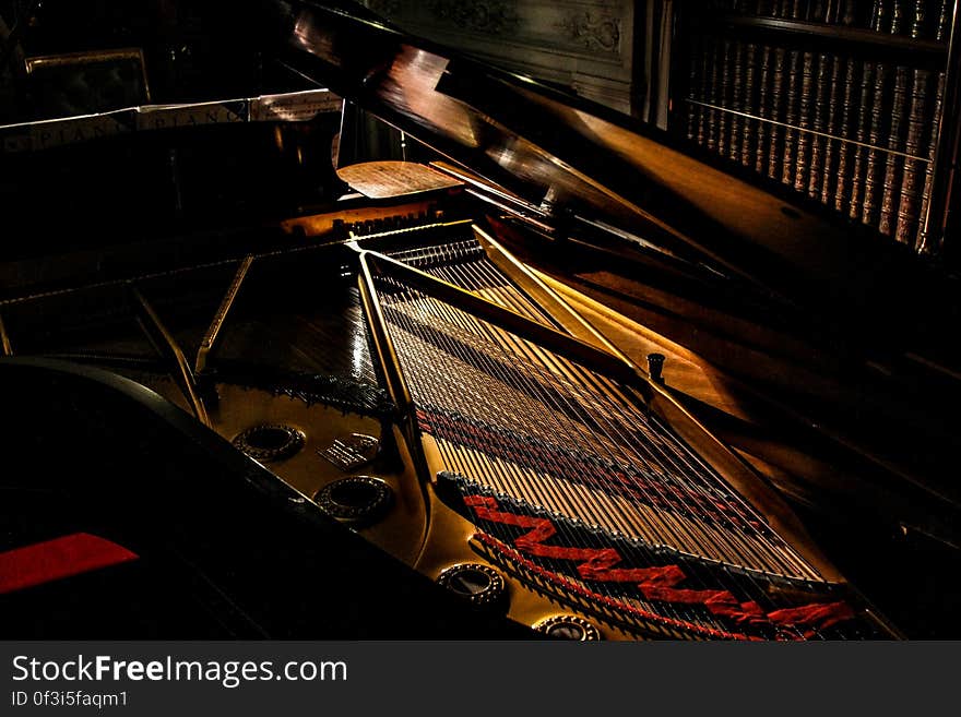 A close up shot of an open grand piano.