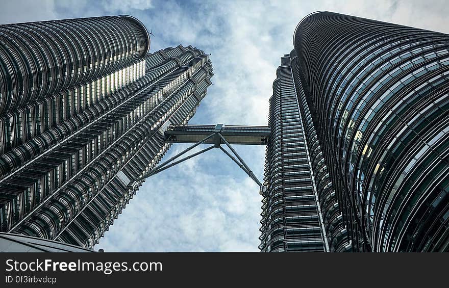 View looking to the top of the Petronas Towers in Kuala Lumpur, Malaysia.