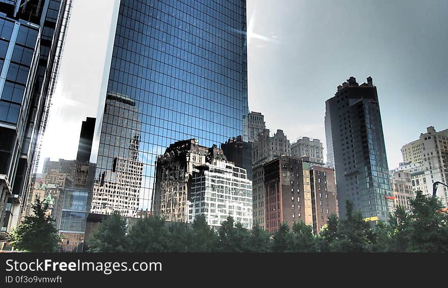 A city view with tall skyscrapers and other buildings. A city view with tall skyscrapers and other buildings.