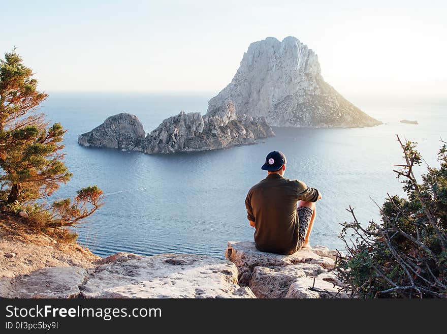 Rear View of Man Sitting on Rock by Sea