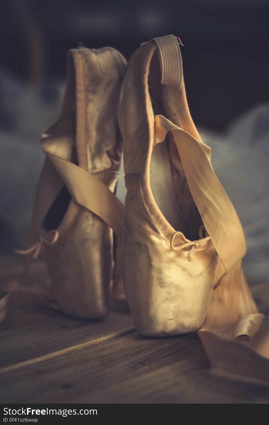 A close up of a pair of gold ballet shoes.