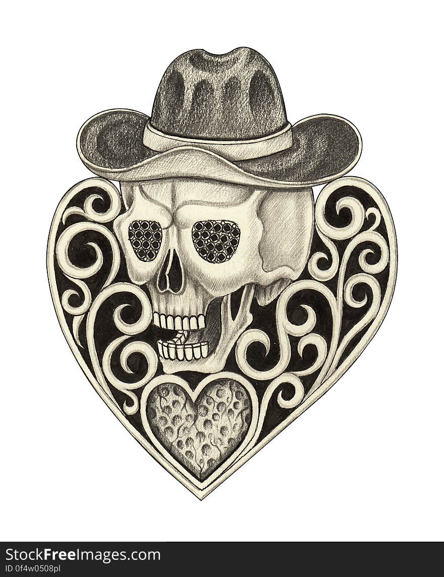 Art design skull head mix heart vintage for tattoo hand pencil drawing on paper. Art design skull head mix heart vintage for tattoo hand pencil drawing on paper.