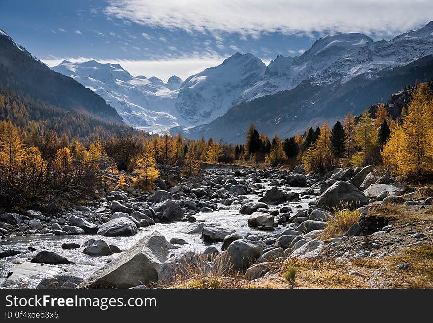 A rocky river with mountains and autumn forests in the background.