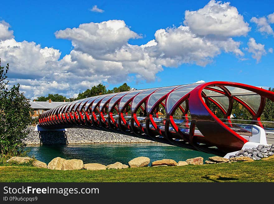 Peace Bridge is a pedestrian bridge, designed by Spanish architect Santiago Calatrava, that accommodates both pedestrians and cyclists crossing the Bow River in Calgary, Alberta, Canada. The bridge is open for use as of March 24, 2012. Peace Bridge is a pedestrian bridge, designed by Spanish architect Santiago Calatrava, that accommodates both pedestrians and cyclists crossing the Bow River in Calgary, Alberta, Canada. The bridge is open for use as of March 24, 2012