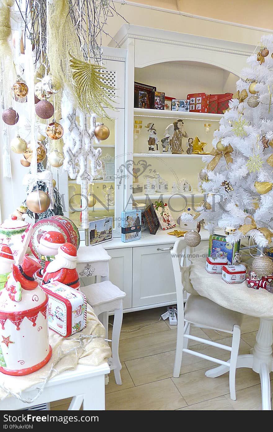 Property, Furniture, White, Decoration, Shelf, Christmas ornament