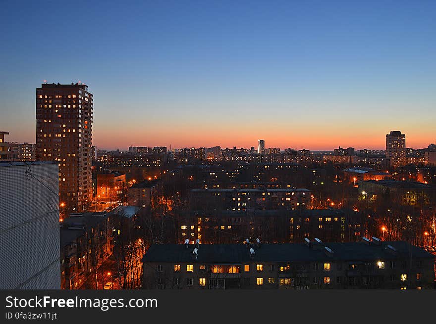 Magicness and warm springtime evening in Korolev-city after sundown on the roof