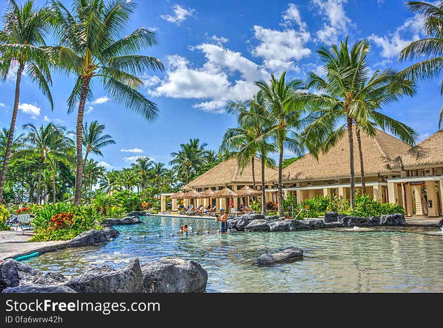 Luxury tropical holiday resort with an outdoor swimming pool surrounded by palm trees. Luxury tropical holiday resort with an outdoor swimming pool surrounded by palm trees.