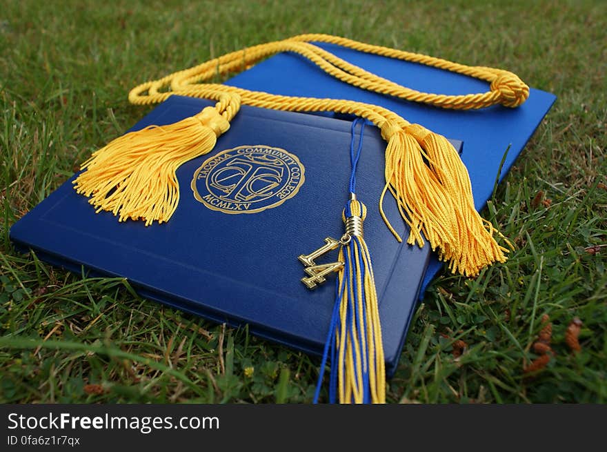 Blue and yellow university graduation mortarboard cap on grass.