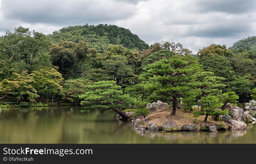 The classical Japanese gardens of the Rokuon-ji temple complex where the Kinkaku-ji is located.