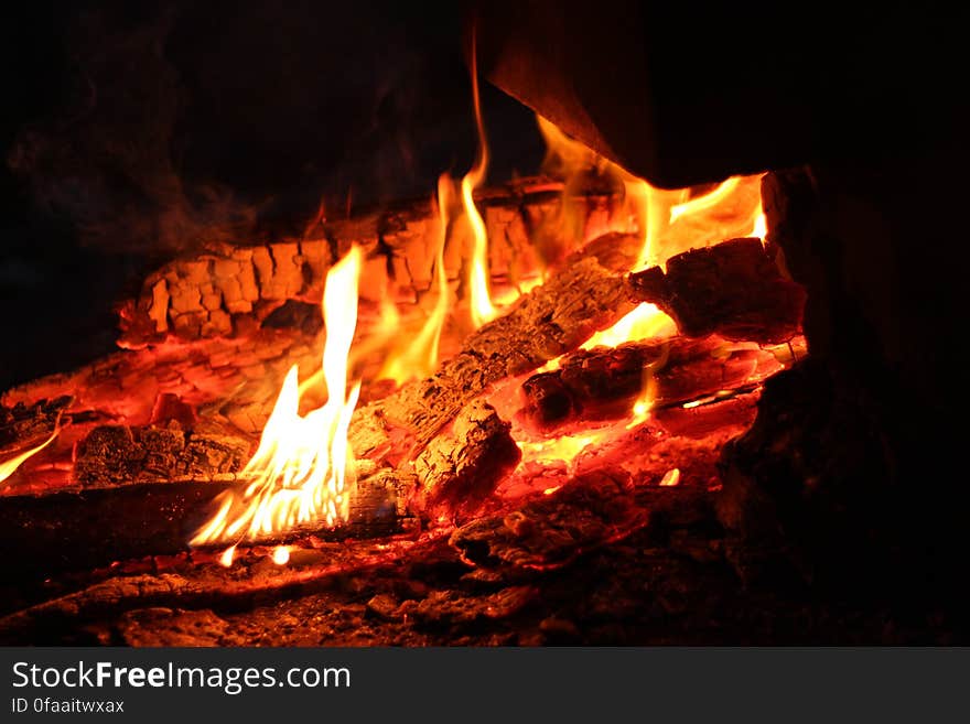 Closeup of wooden burning to embers in fire. Closeup of wooden burning to embers in fire.