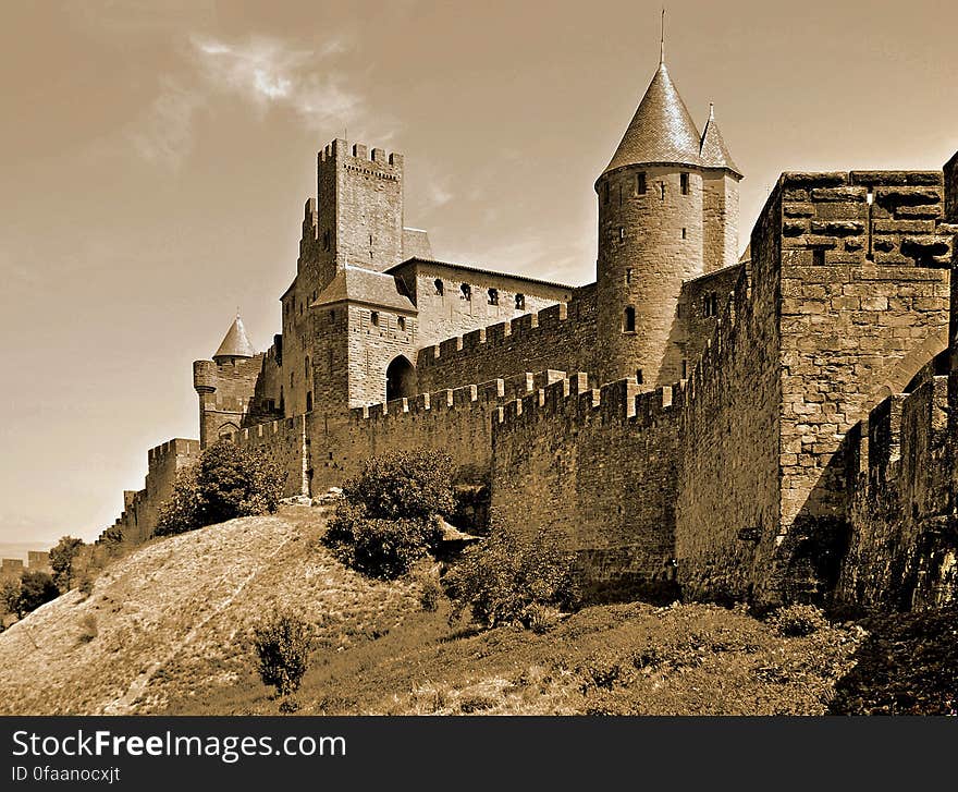 The walls of the ancient city of Carcassonne, France. The walls of the ancient city of Carcassonne, France.