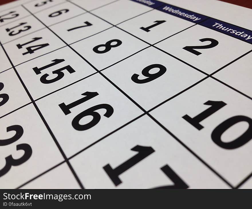 Abstract background created by one page of a calendar covering a period of one month with selective focus on Thursdays and numbers 2, 9 and 16. Abstract background created by one page of a calendar covering a period of one month with selective focus on Thursdays and numbers 2, 9 and 16.