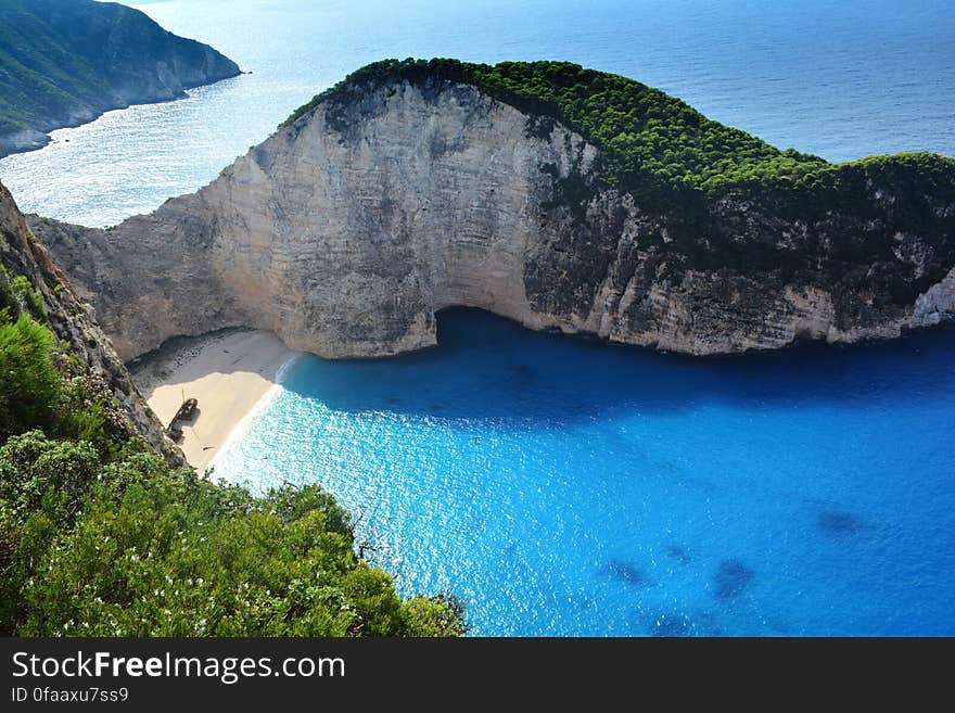 Aerial view of the famous Navagio beach in Zakynthos, Greece.