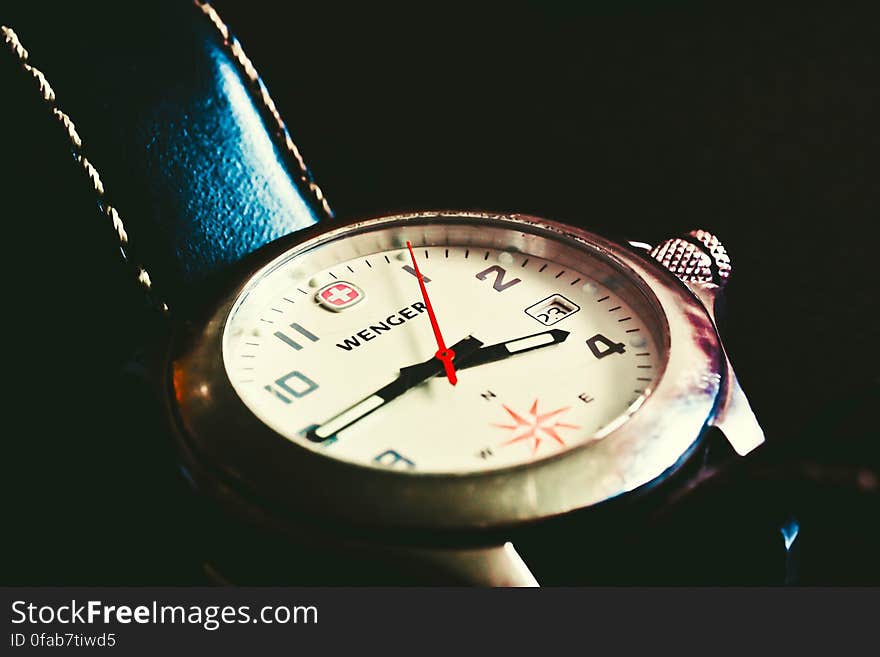 A close up of a men's Wenger wrist watch. A close up of a men's Wenger wrist watch.