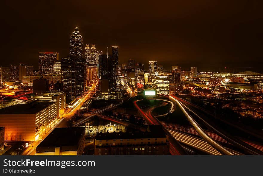 Panoramic view of a city and its infrastructure at night. Panoramic view of a city and its infrastructure at night.