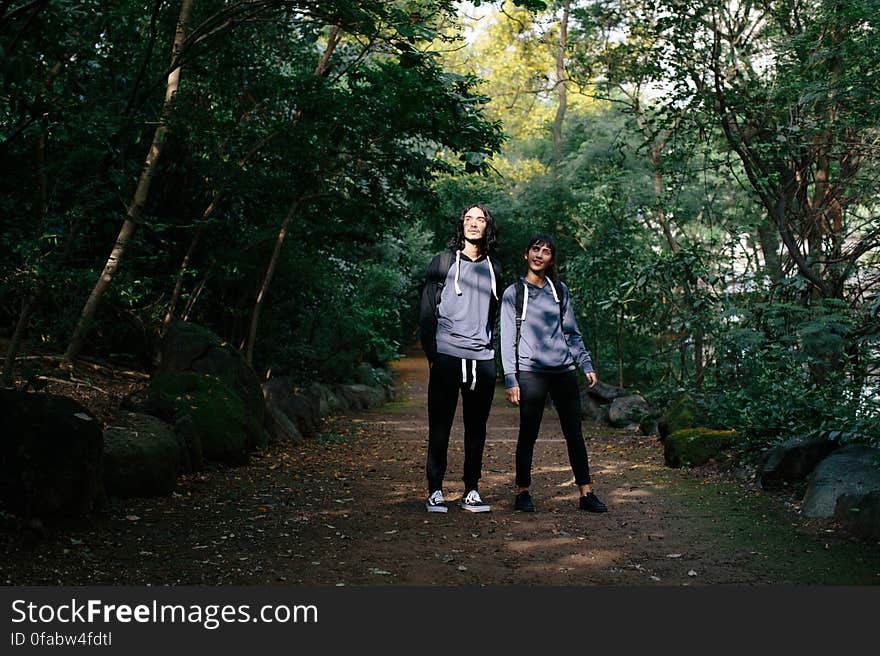 Rear View of Couple Walking in Forest