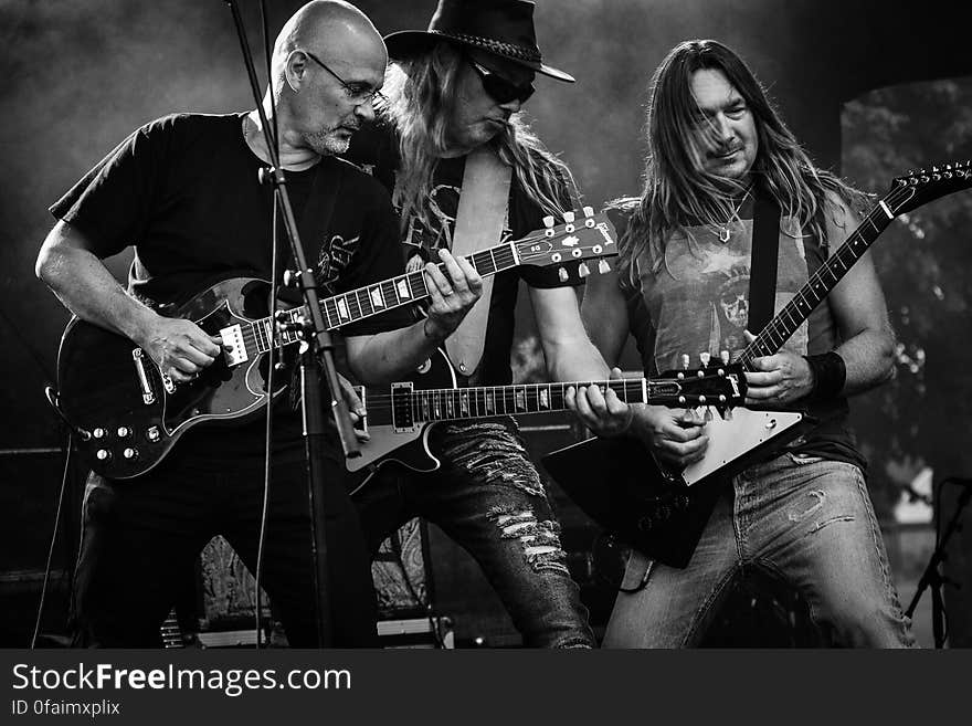 Group of Men Playing Guitar in Concert in Grayscale Photo