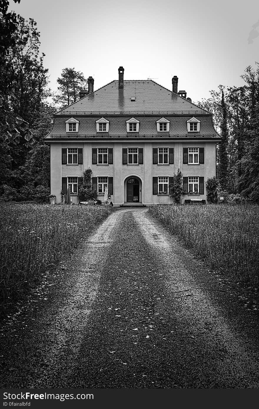 Exterior of estate home and grounds in black and white. Exterior of estate home and grounds in black and white.