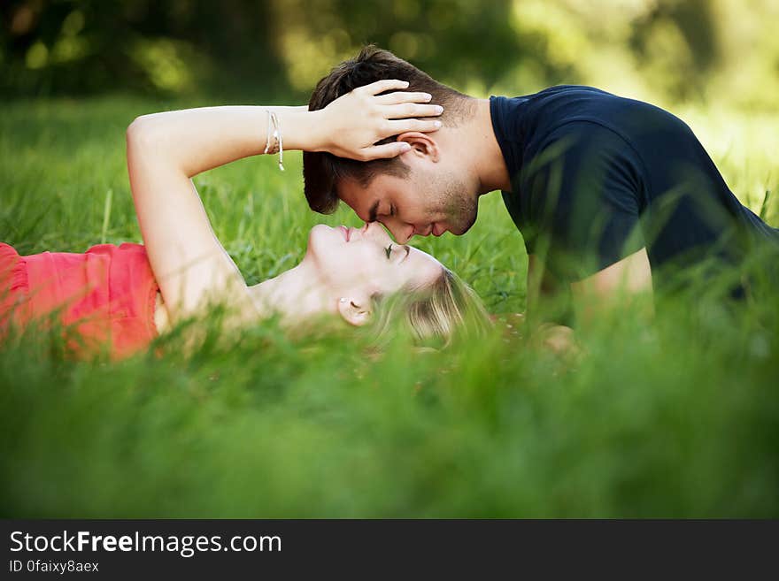 A young couple lying face to face in the grass, the woman holding man's head. A young couple lying face to face in the grass, the woman holding man's head.