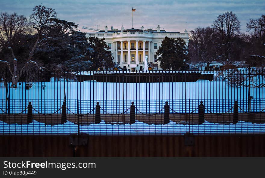 Barricades bar access to the White House on a snowy day in Washington, DC. Dedicated to the public domain with a CC0 license. Barricades bar access to the White House on a snowy day in Washington, DC. Dedicated to the public domain with a CC0 license.