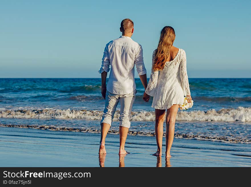 Rear View of Couple on Beach Against Clear Sky