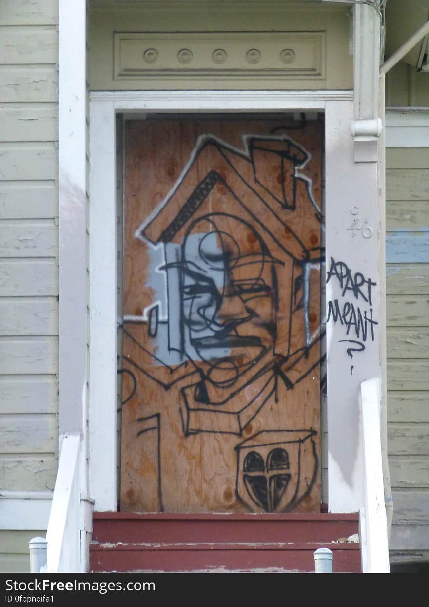 Brown, Wood, Fixture, Door, Art, Graffiti