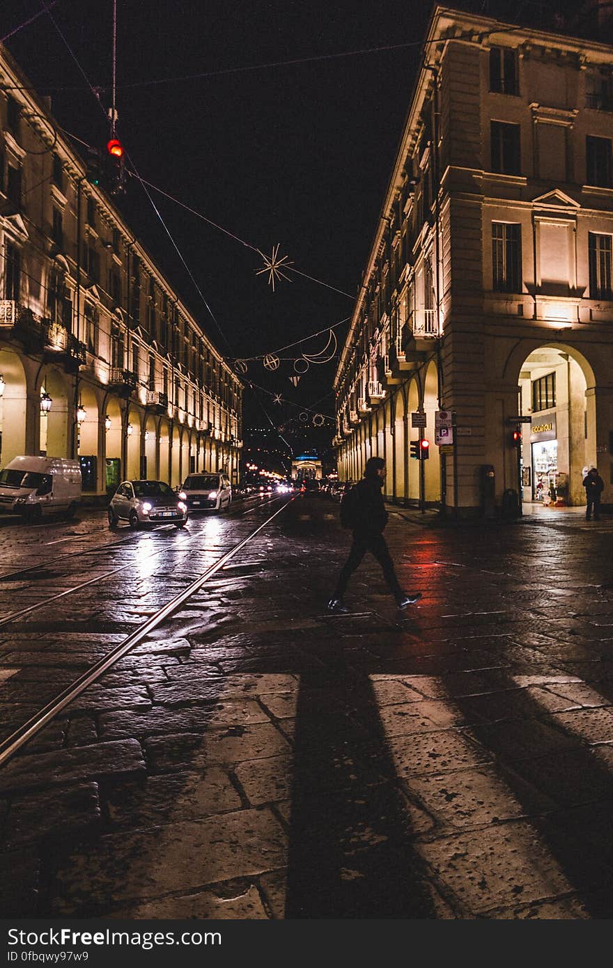 Urban buildings illuminated at night with cars on wet streets. Urban buildings illuminated at night with cars on wet streets.