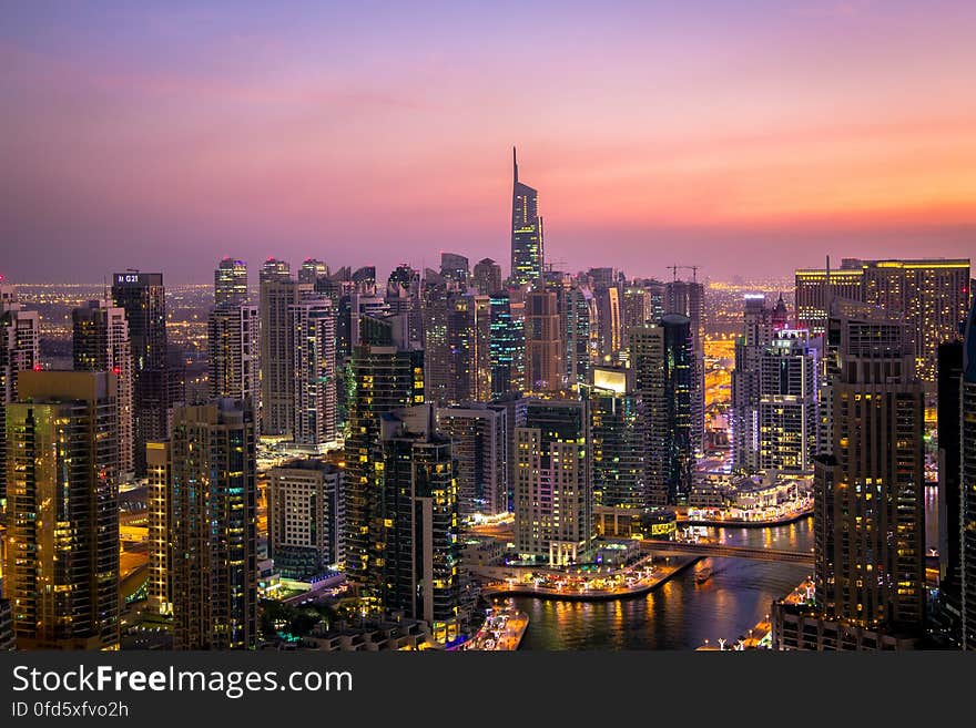 Aerial View of City Lit Up at Night