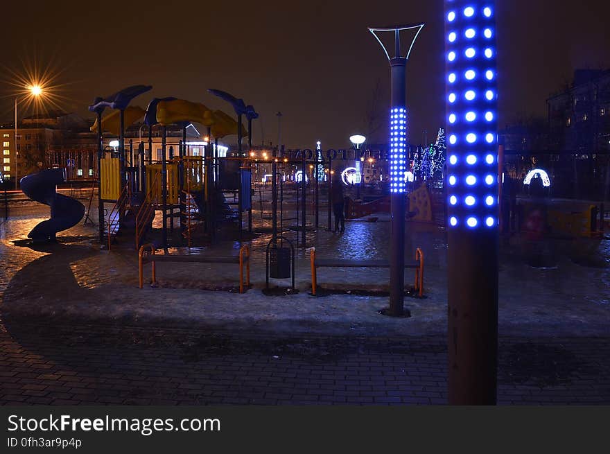 Frozen kinder-playground at the central part of the city. Frozen kinder-playground at the central part of the city.