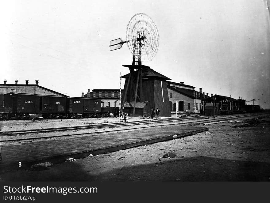 1869 Windmill at North Platte Station — Here&#x27;s a #TBT from 1869 taken at the North Platte Station in Lincoln County, Nebraska. At this point the Platte River ran through an almost entirely treeless plain, with but very few objects in nature to relieve the dead monotony, so that the windmills, which occurred at nearly all the stations, for the purpose of raising water to the tanks, formed a very prominent feature in the landscape. In the photo you can also see William Henry Jackson&#x27;s signature just below the first Union Pacific Railroad car. Photo credit: William Henry Jackson